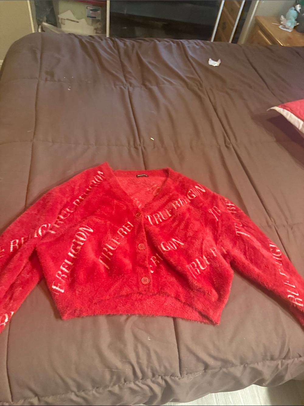 True Religion Red Logo Fuzzy Cropped Cardigan